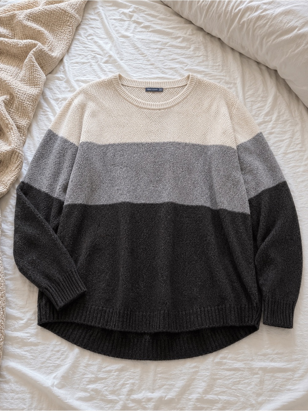 Pink Clover Striped Textured Crewneck Sweater - Cream, Gray & Black